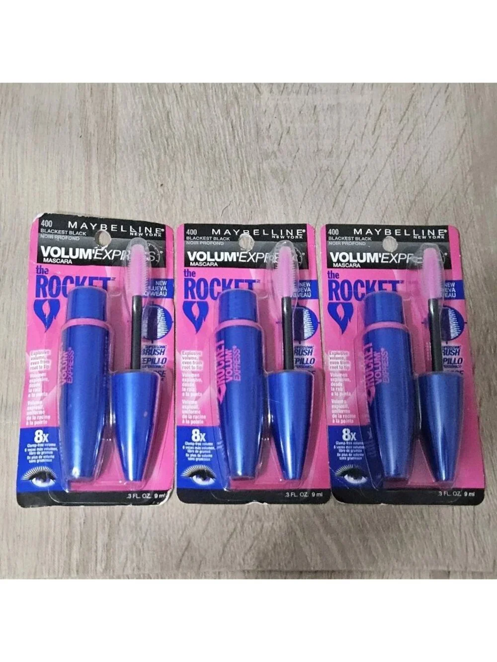 3 Pack Maybelline Volum'Express The Rocket Washable Mascara 400 Blackest Black
